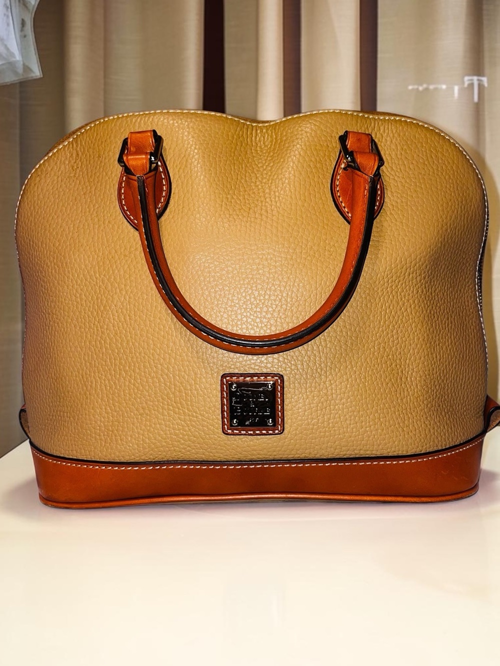 Title:Dooney & Bourke Pebble Grain Zip Zip Satchel Tan Brown Dome Bag - Picture 3 of 17